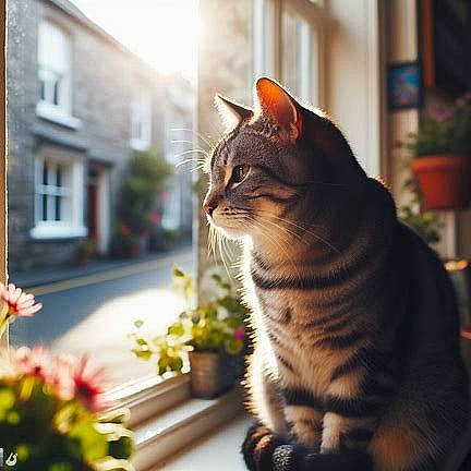 Bachir participe au concours pour gagner de l'argent avec cette photo : building, carnivore, cat, domestic_short_haired_cat, fawn, felidae, flowerpot, fur, grass, house, houseplant, plant, sitting, small_to_medium_sized_cats, snout, tail, terrestrial_animal, whiskers, wildlife, window