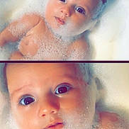 Kayden participe au concours pour gagner de l'argent avec cette photo : baby, bath, bubbles, foam, water, child, cute, face, skin, expression, closeup, portrait, relaxation, indoor, tub, splash, wet, infant, cleaning, playful