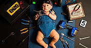 Enzo joined the competition — help win amazing prizes! automotive, baby, bandana, blue_mat, child, drill, garage, humorous, indoor, infant, lying_down, mechanic, overalls, pliers, portrait, screwdriver, toolbox, tools, workshop, wrench