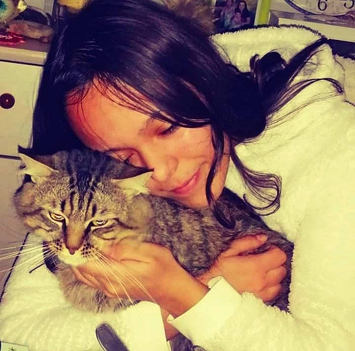 Pitch a rejoint le concours — aidez-le/la à gagner de superbes lots ! black_hair, carnivore, cat, comfort, cool, ear, eye, felidae, friendship, gesture, hair, happy, head, human, iris, lap, mammal, organ, shoulder, whiskers