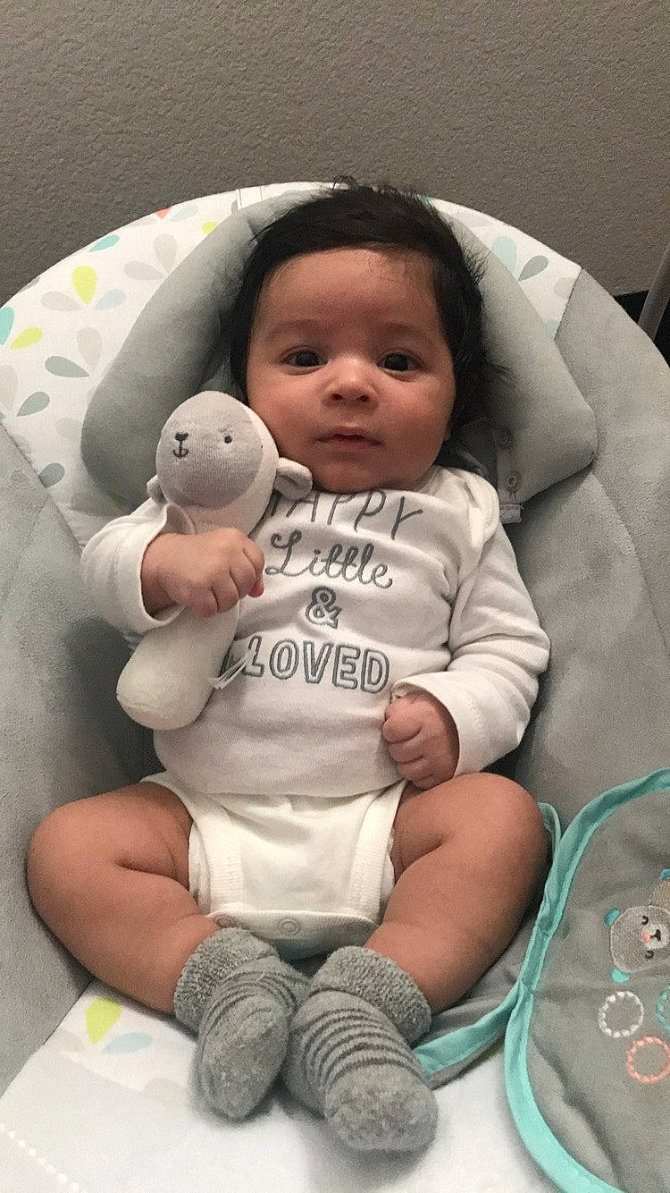 Tristian is registered to the contest to win money with this photo: arm, boy, car_seat, child, head, infant, nose, person, play, product, sitting, stuffed_toy, toddler, toy