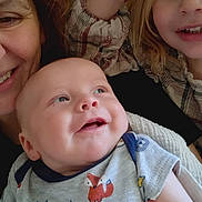 Paul joined the competition — help win amazing prizes! baby, toddler, woman, smile, happy, face, indoor, close_up, portrait, curly_hair, blonde_hair, child, family, cozy, clothing, textile, skin, joy, person, expression