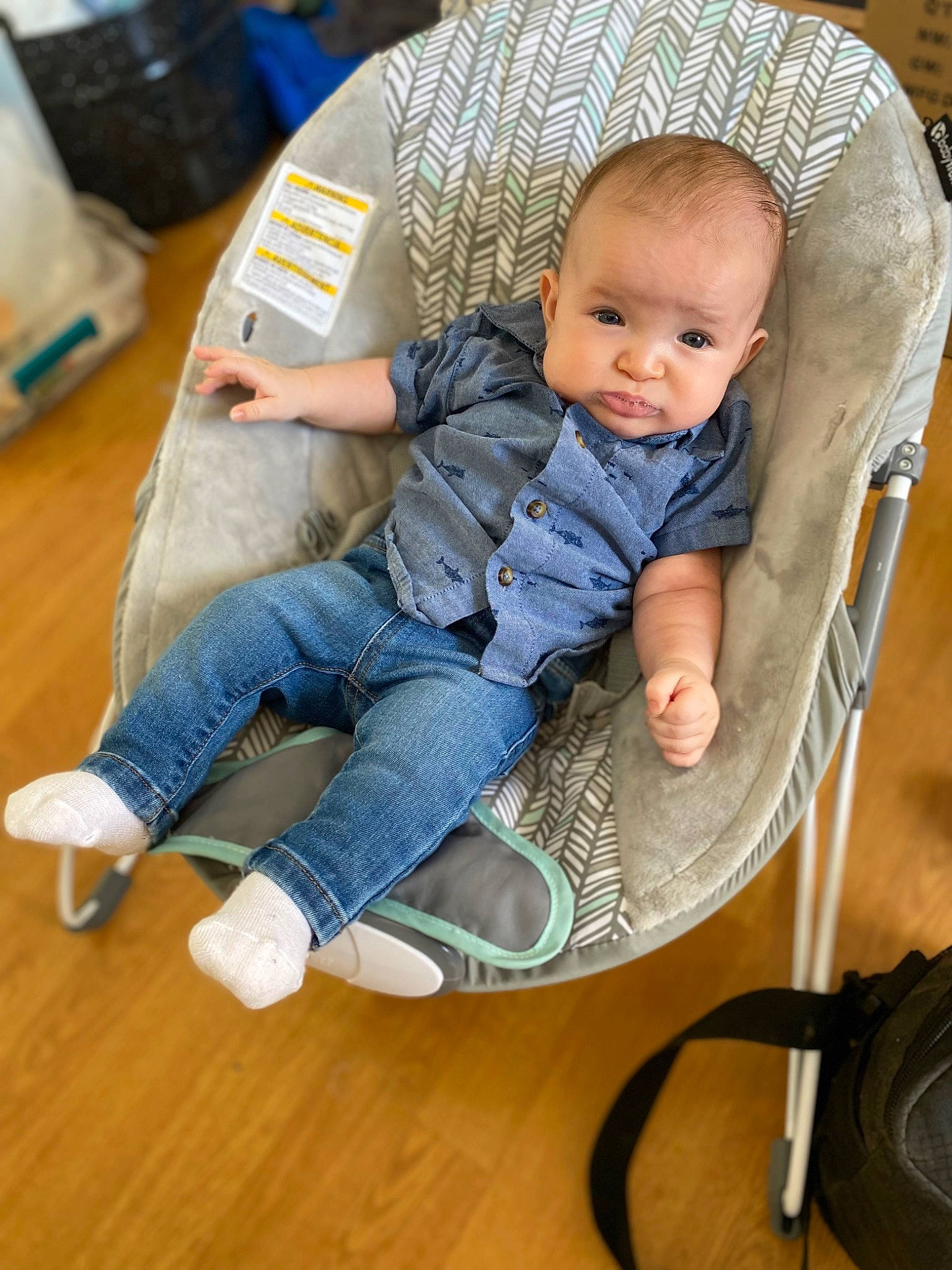 Calum joined the competition — help win amazing prizes! baby, baby_carriage, baby_products, baby_toddler_clothing, chair, child, comfort, denim, flooring, hardwood, head, jeans, lap, person, sitting, sock, toddler, varnish, wood, wood_flooring