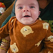 Ruben a rejoint le concours — aidez-le/la à gagner de superbes lots ! baby, infant, people, person, child, clothing, onesie, bear_pattern, brown, smiling, happy, cute, indoor, human_hand, bracelet, jewelry, face, head, holding, closeup