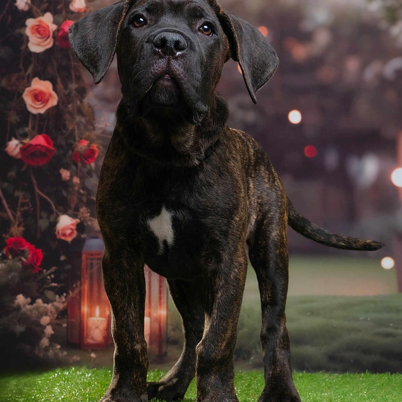 Heiko participe au concours pour gagner de l'argent avec cette photo : dog, puppy, brindle, grass, flowers, roses, lantern, outdoor, portrait, animal, cute, pet, greenery, nature, young_dog, background_bokeh, garden, canine, fur, ears