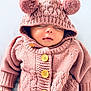 baby, blanket, buttons, child, clothing, cozy, cute, face, hood, indoors, infant, knitted, pink, pom_poms, portrait, relaxing, sleeping, soft, warm, young