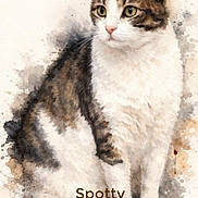 Spotty joined the competition — help win amazing prizes! animal, artistic, background, cat, cute, domestic_cat, ears, eyes, feline, fur, name_text, paint_splatter, painting, pet, portrait, sitting, soft_colors, spotty, watercolor, whiskers