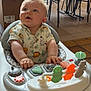 animal_print, baby, box, chair, child, curly_hair, expression, eyes, face, floor, hands, home, indoor, light, play, shirt, table, toy, walker, window