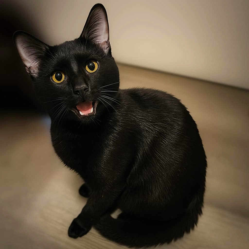 Shadow is registered to the contest to win money with this photo: black_cat, cat, pet, animal, feline, yellow_eyes, indoor, floor, fur, whiskers, ears, mouth_open, sitting, curious, close_up, domestic_cat, cute, portrait, looking_up, shiny_fur