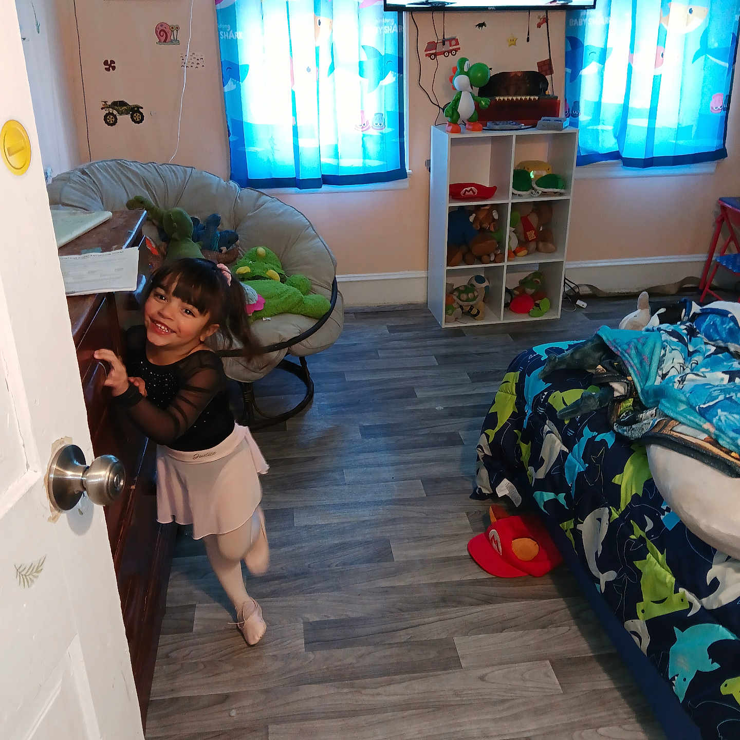 Kallie joined the competition — help win amazing prizes! architecture, bed, bedroom, building, child, clothing, couch, female, furniture, girl, hardwood, hat, indoors, interiordesign, livingroom, person, room, shelf, toy, wood