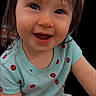 toddler, child, smile, happy, face, short_sleeve_shirt, ladybug_pattern, clothing, baby, cute, portrait, skin, hair, sitting, diaper, indoor, person, young_child, expression, joy