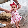 Kennedi is registered to the contest to win money with this photo: baby, child, toddler, girl, portrait, strawberry_dress, headband, bow, smiling, outdoor, water, lakeside, shore, rocky_ground, barefoot, adult_hands, parental_support, safety, fashion, photography