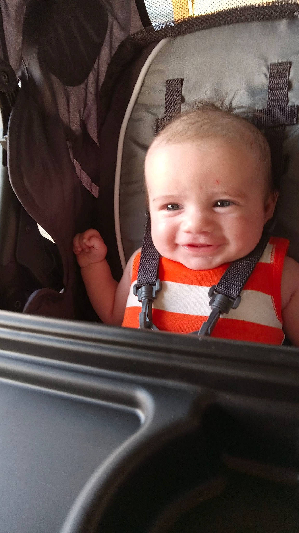 Kaius joined the competition — help win amazing prizes! baby, baby_carriage, baby_products, baby_toddler_clothing, car_seat, chair, cheek, child, comfort, facial_expression, finger, fun, happy, joy, mouth, nose, person, seat_belt, sitting, smile