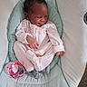baby, infant, onesie, pacifier, baby_seat, sleeping, cushion, cloth, cute, child, indoors, resting, newborn, soft, small, person, comfort, peaceful, pink, sleep