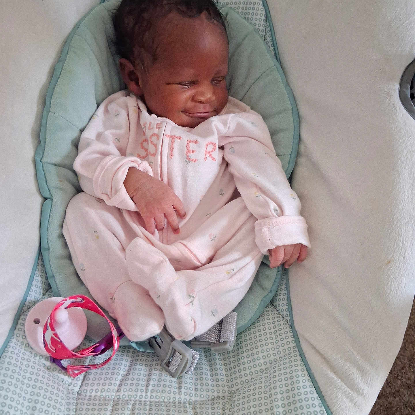 Amari joined the competition — help win amazing prizes! baby, infant, onesie, pacifier, baby_seat, sleeping, cushion, cloth, cute, child, indoors, resting, newborn, soft, small, person, comfort, peaceful, pink, sleep