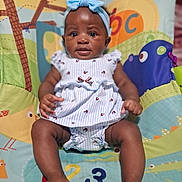 Amari is registered to the contest to win money with this photo: baby, child, infant, headband, blue_headband, striped_dress, play_mat, colorful_background, numbers, animal_print, sitting, barefoot, cute, portrait, indoors, soft_lighting, happy, young_child, person, closeup