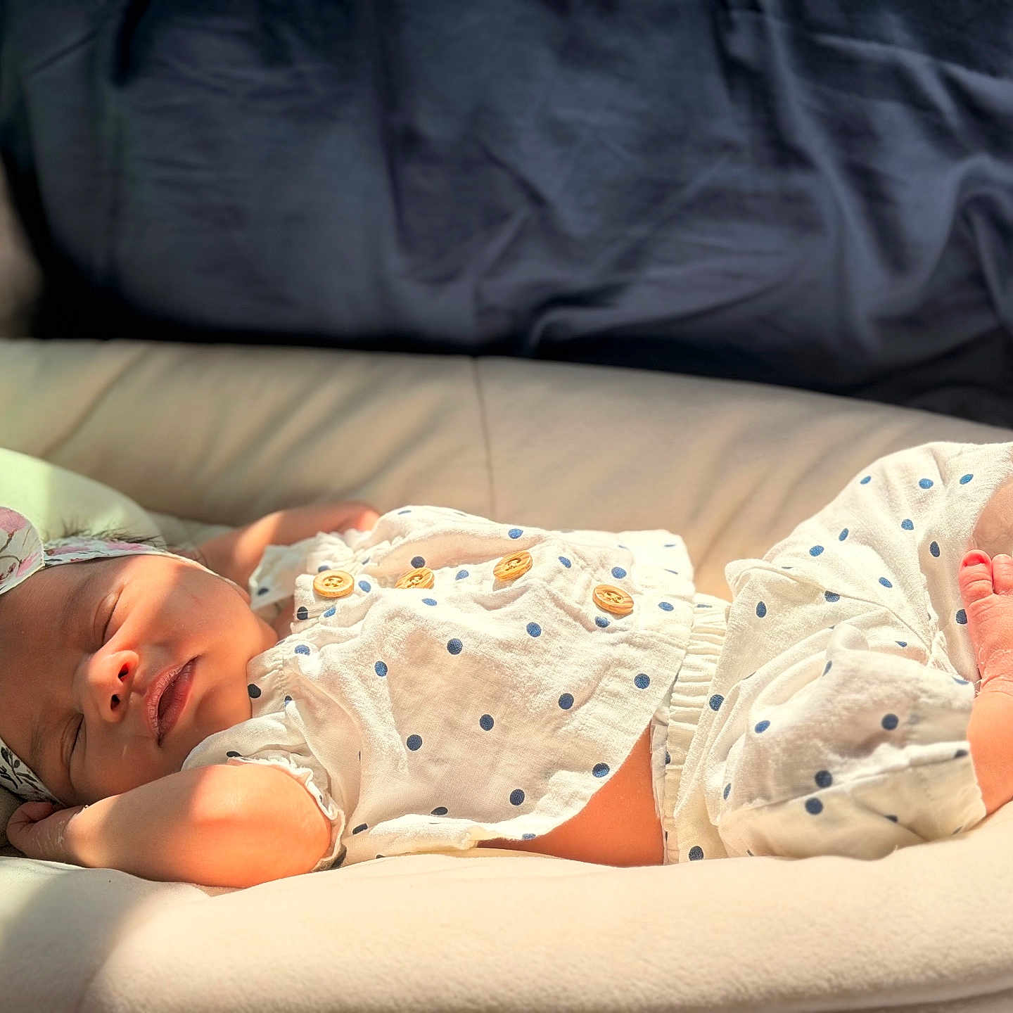 Cataleya joined the competition — help win amazing prizes! baby, sleeping, infant, polka_dot, headband, cushion, blanket, soft_fabric, clothing, foot, hand, face, indoors, sunlight, peaceful, cute, newborn, resting, portrait, comfort