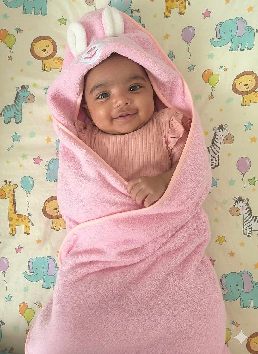 Nia is registered to the contest to win money with this photo: baby, pink_blanket, bunny_ears, smiling, infant, cute, animal_print, lion, giraffe, elephant, zebra, child, soft_texture, wrapped, lying_down, happy, indoors, pastel_colors, toddler, blanket