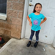 Serenity is registered to the contest to win money with this photo: child, girl, standing, blue_tshirt, harley_davidson, leggings, black_boots, door, brick_wall, concrete, smiling, outdoor, casual, confident, pose, young, person, fashion, hair_tied_back, sidewalk