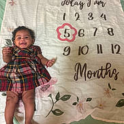 Alina joined the competition — help win amazing prizes! baby, child, plaid_dress, smiling, milestone_blanket, months, flower_frame, curly_hair, lying_down, happy, infant, cute, skin, hand, foot, fabric, pattern, floral, celebration, portrait