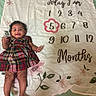 baby, child, plaid_dress, smiling, milestone_blanket, months, flower_frame, curly_hair, lying_down, happy, infant, cute, skin, hand, foot, fabric, pattern, floral, celebration, portrait