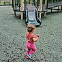 toddler, child, playground, slide, outdoor, play_equipment, railings, green, beige, trees, grass, picnic_bench, overcast, clothing, shoes, walking, park, young_child, play_area, daytime