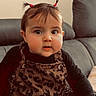 Layana participe au concours pour gagner de l'argent avec cette photo : baby, black_shirt, child, chubby_cheeks, clothing, couch, curious_eyes, cute, furniture, hair_ties, home, indoor, infant, leopard_print, overalls, person, pigtails, portrait, seated, young_child