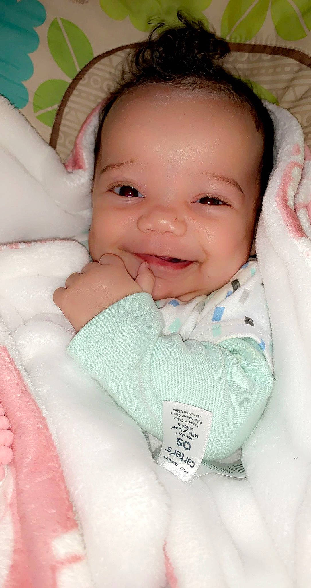 Laylah is registered to the contest to win money with this photo: baby, baby_toddler_clothing, cheek, child, chin, comfort, eye, eyebrow, eyelash, fun, happy, iris, joy, linens, lip, nose, person, pink, skin, sleeve