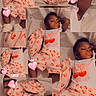 toddler, child, sleeping, collage, clothing, cherry_print, bed, white_shoes, pink, heart_sticker, text_overlay, cute, resting, infant, footwear, blanket, pattern, soft_lighting, indoors, portrait