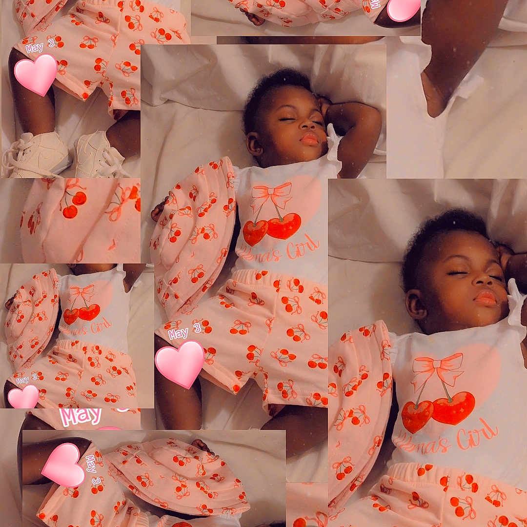Keymora joined the competition — help win amazing prizes! toddler, child, sleeping, collage, clothing, cherry_print, bed, white_shoes, pink, heart_sticker, text_overlay, cute, resting, infant, footwear, blanket, pattern, soft_lighting, indoors, portrait