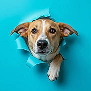 Lucky a rejoint le concours — aidez-le/la à gagner de superbes lots ! dog, animal, pet, curious, head, paw, blue_background, tear, paper, portrait, closeup, canine, ears, brown, white, looking, cute, studio, isolated, expression