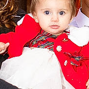 Dalylah is registered to the contest to win money with this photo: baby, blue_eyes, celebration, child, cute, family, fashion, festive_clothing, hands, holding, indoor, people, person, portrait, red_cardigan, smile, toddler, white_bow, white_dress, young_child