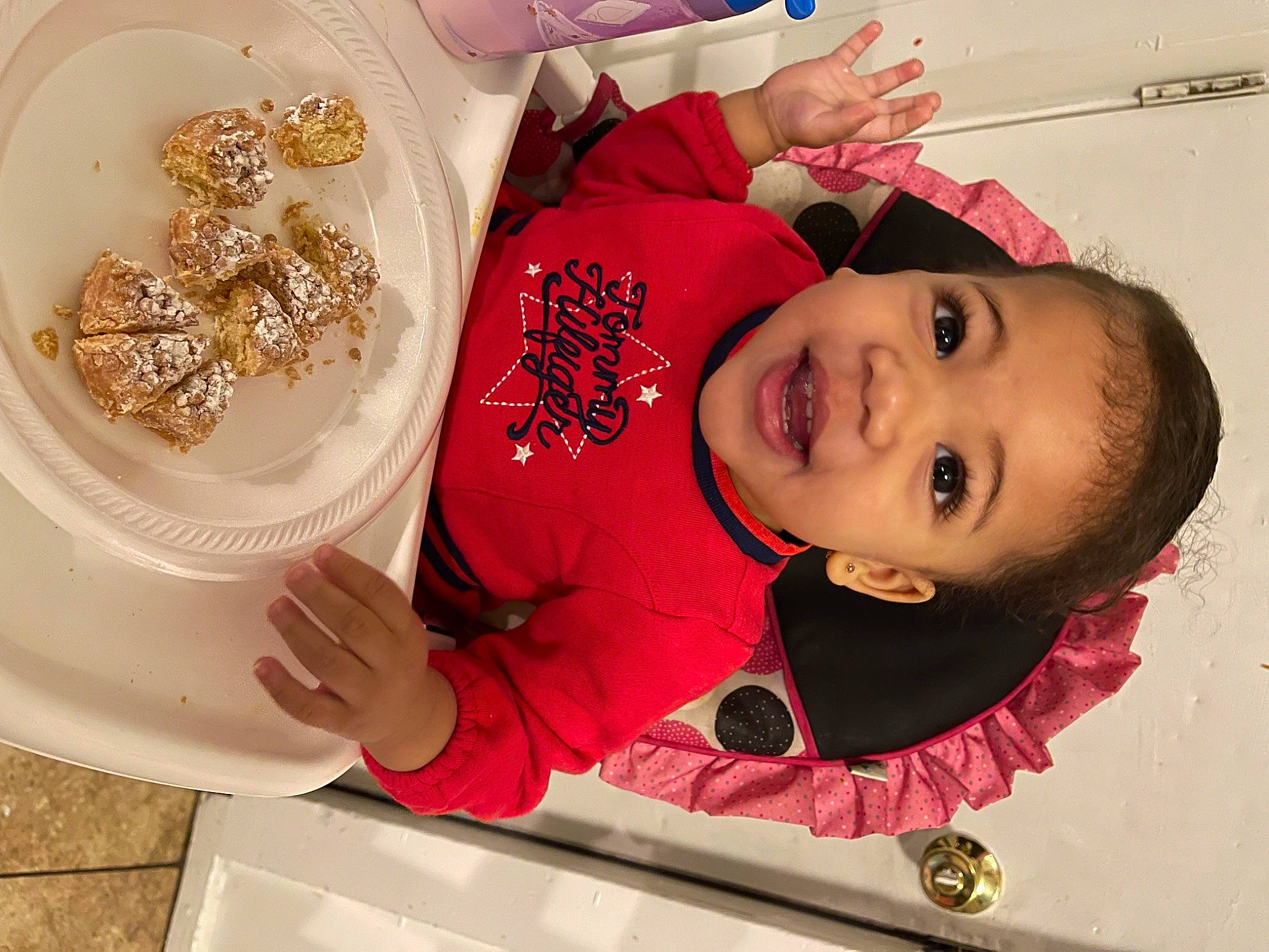 Myliyah is registered to the contest to win money with this photo: cheek, child, coffee_cup, cuisine, cup, dishware, drinkware, eyelash, food, happy, lip, person, pink, plate, product, serveware, smile, table, tableware, teacup
