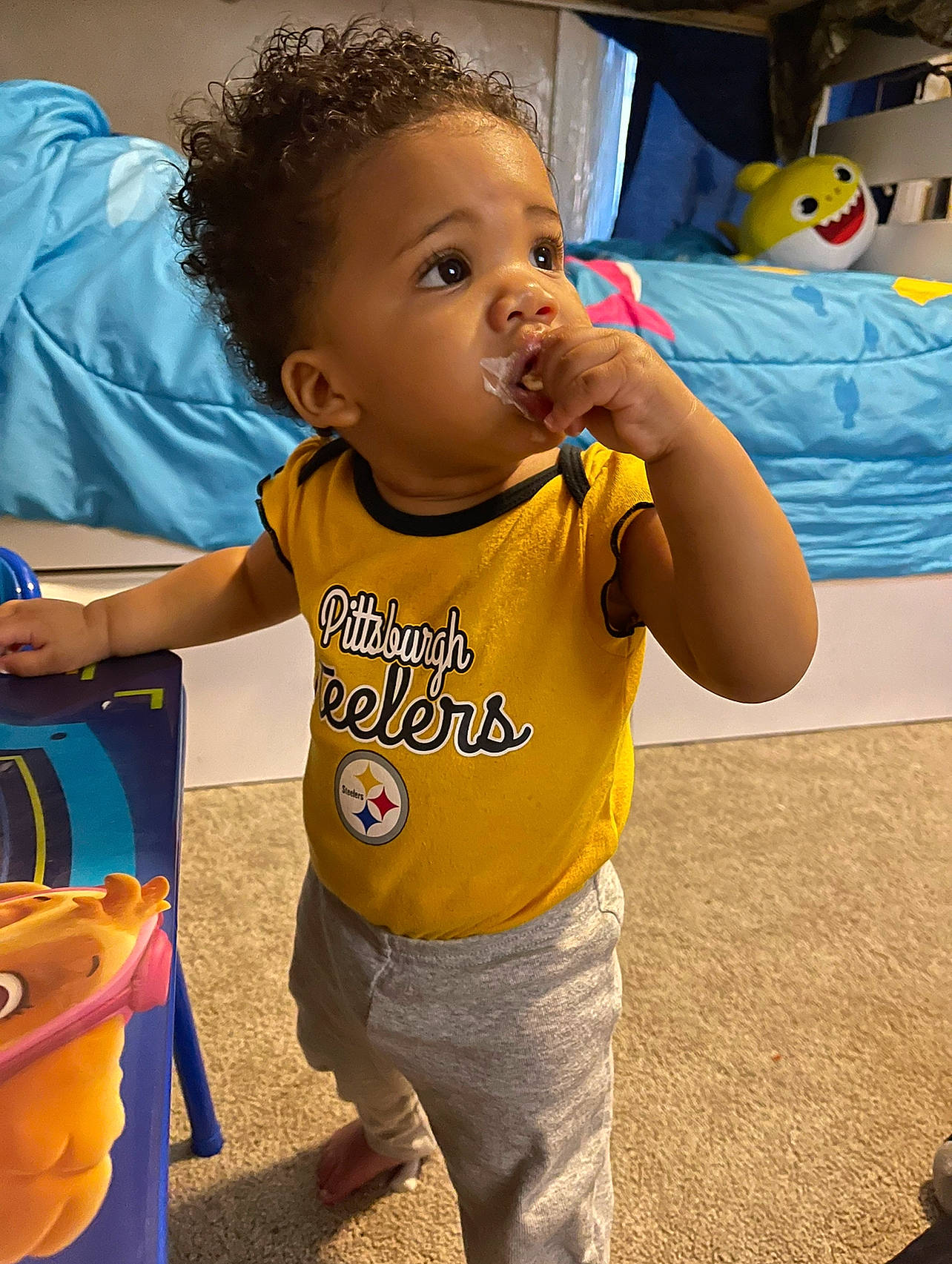 Myliyah is registered to the contest to win money with this photo: baby, child, event, face, fun, hairstyle, happy, head, joint, leisure, mouth, nose, person, play, product, recreation, shoulder, sleeve, t_shirt, toddler