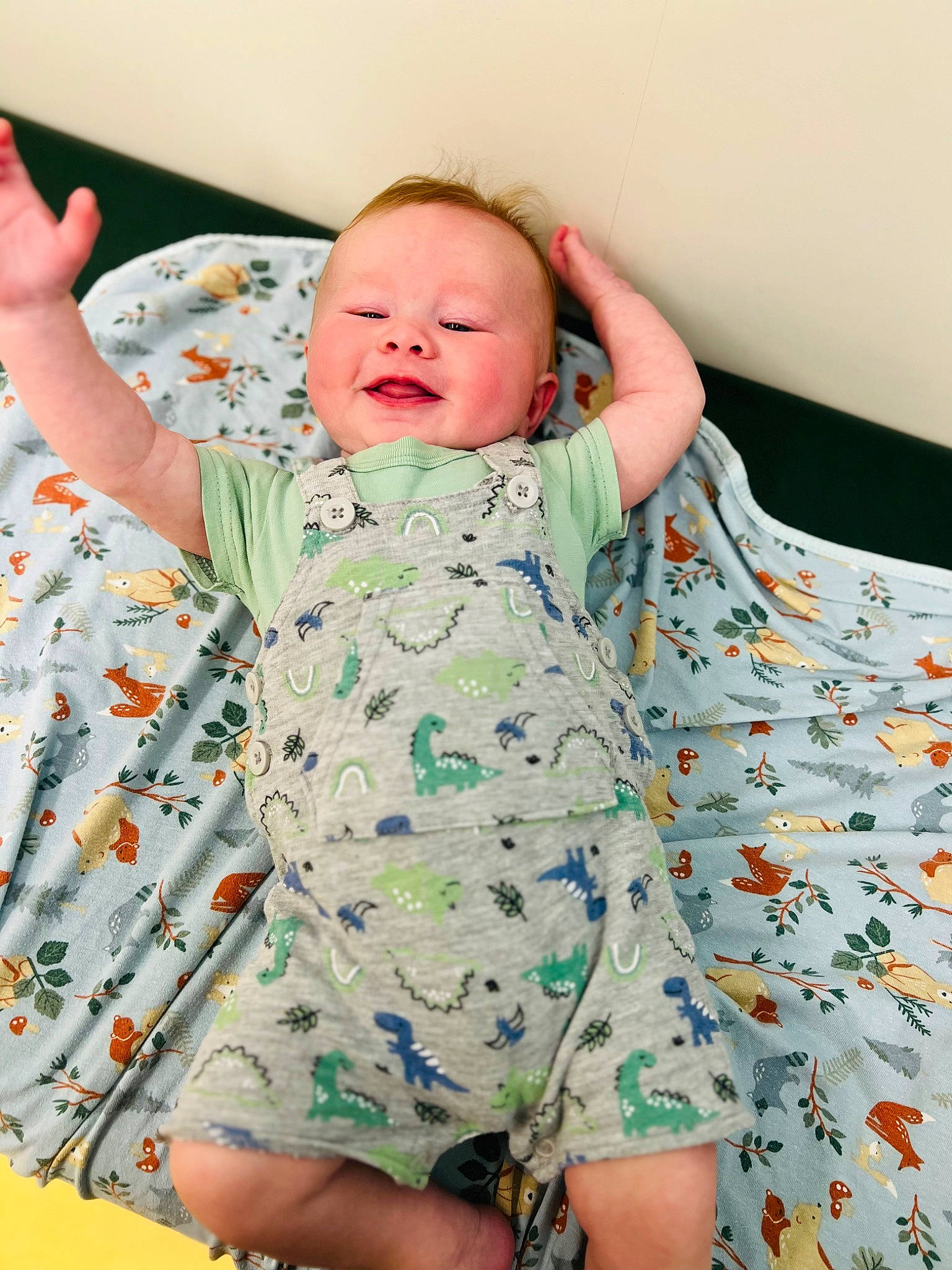 Graysen is registered to the contest to win money with this photo: baby, baby_safety, baby_sleeping, baby_toddler_clothing, bed, bedding, child, comfort, fun, gesture, happy, linens, nightwear, pattern, person, room, skin, sleeve, smile, textile