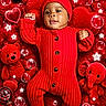 Namir joined the competition — help win amazing prizes! baby, red, knitwear, toy, teddy_bear, elephant_toy, heart, star, bubble, blanket, infant, cute, portrait, child, lying_down, warm_clothing, colorful, decorative_text, soft_texture, playful