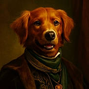 Ada joined the competition — help win amazing prizes! dog, golden_retriever, portrait, vintage_clothing, aristocratic, costume, necklace, fur, brown, green, indoor, studio, artistic, painting_style, animal, canine, expression, smiling, closeup, headshot
