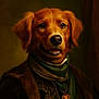 dog, golden_retriever, portrait, vintage_clothing, aristocratic, costume, necklace, fur, brown, green, indoor, studio, artistic, painting_style, animal, canine, expression, smiling, closeup, headshot