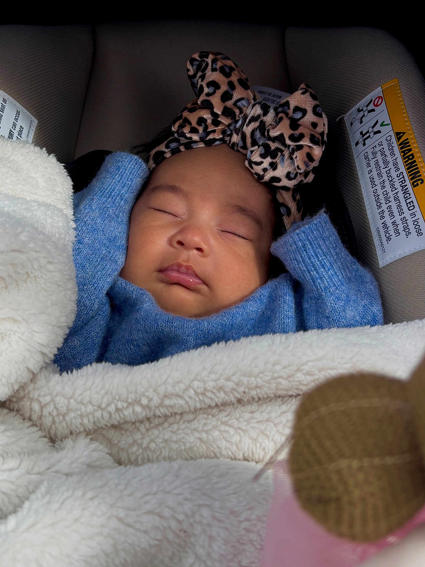 Sienna is registered to the contest to win money with this photo: baby, sleeping, car_seat, headband, leopard_print, blue_sweater, blanket, cozy, infant, child, face, peaceful, indoor, closeup, cute, portrait, resting, soft_texture, warm, bundle