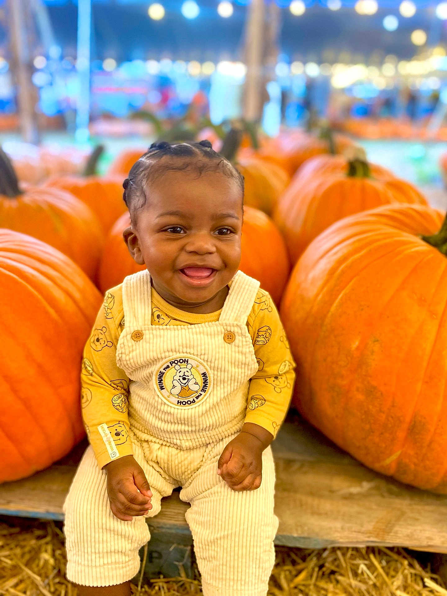 Khyree Fleury joined the competition — help win amazing prizes! child, toddler, pumpkin, pumpkin_patch, smiling, overalls, winnie_the_pooh, yellow_clothing, happy, sitting, fall, harvest, cute, outdoor, festival, holiday, autumn, baby, portrait, seasonal