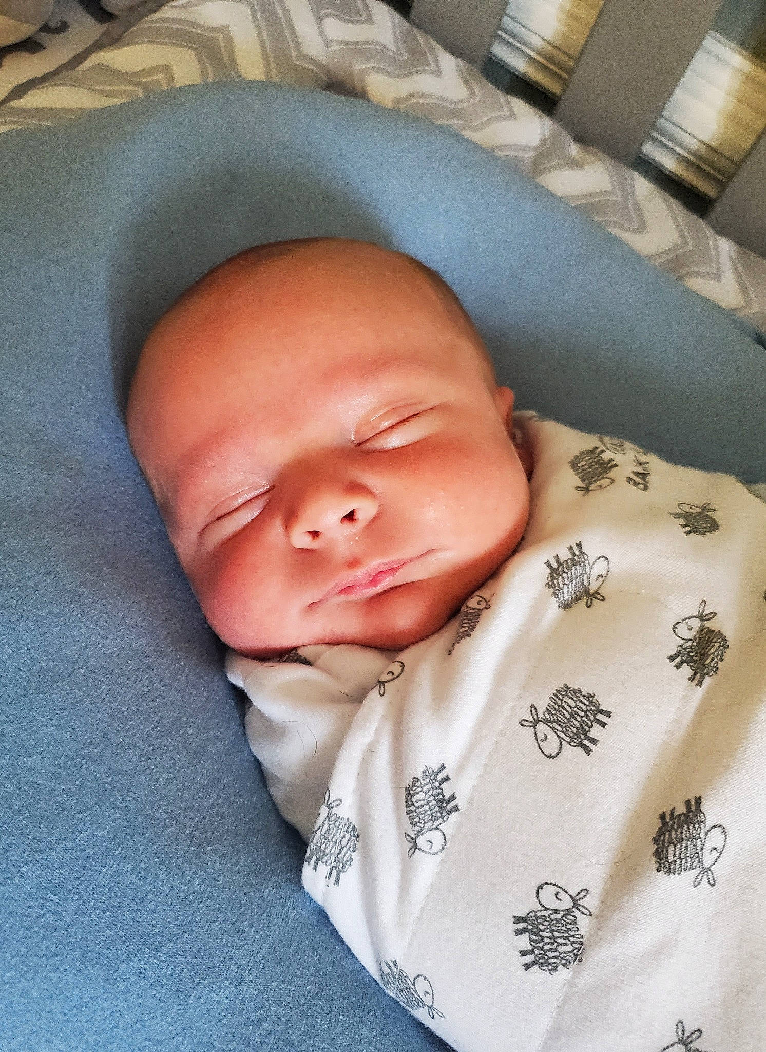 Logan is registered to the contest to win money with this photo: baby, baby_products, baby_sleeping, baby_toddler_clothing, bedtime, cheek, child, chin, comfort, eye, face, head, linens, mammal, mouth, nose, person, room, skin, smile