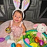 Arlette is registered to the contest to win money with this photo: baby, bunny_ears, pink_dress, easter_eggs, stuffed_animal, basket, blanket, smile, happy, indoor, toy, child, playful, festive, colorful, cute, celebration, holiday, easter, infant