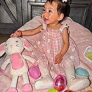 Arlette joined the competition — help win amazing prizes! toddler, child, pink_dress, plush_toy, bunny, easter_eggs, colorful, blanket, happy, smiling, indoors, floor, footwear, bracelet, hair_bow, cute, playful, festive, soft_toy, young_child