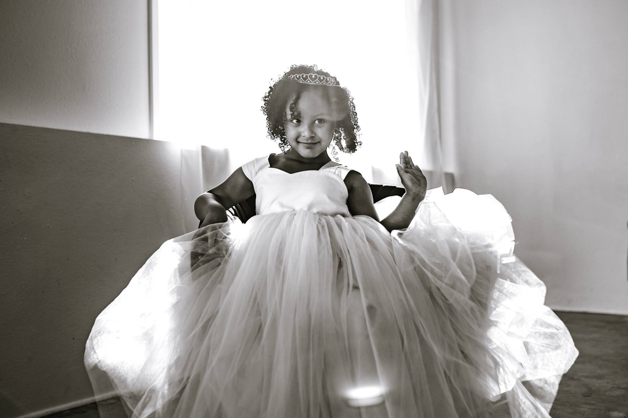 Adalina is registered to the contest to win money with this photo: arm, ballet_tutu, bridal_accessory, bridal_clothing, bridal_party_dress, dress, fashion_design, flash_photography, formal_wear, fun, gown, hand, happy, headpiece, human_body, joy, monochrome, person, smile, standing
