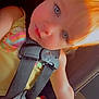 toddler, child, car_seat, seatbelt, bottle, yellow_clothing, blue_eyes, light_hair, close_up, sitting, baby, infant, car_interior, seat, safety_harness, portrait, young_child, cute, child_in_car, drink_bottle