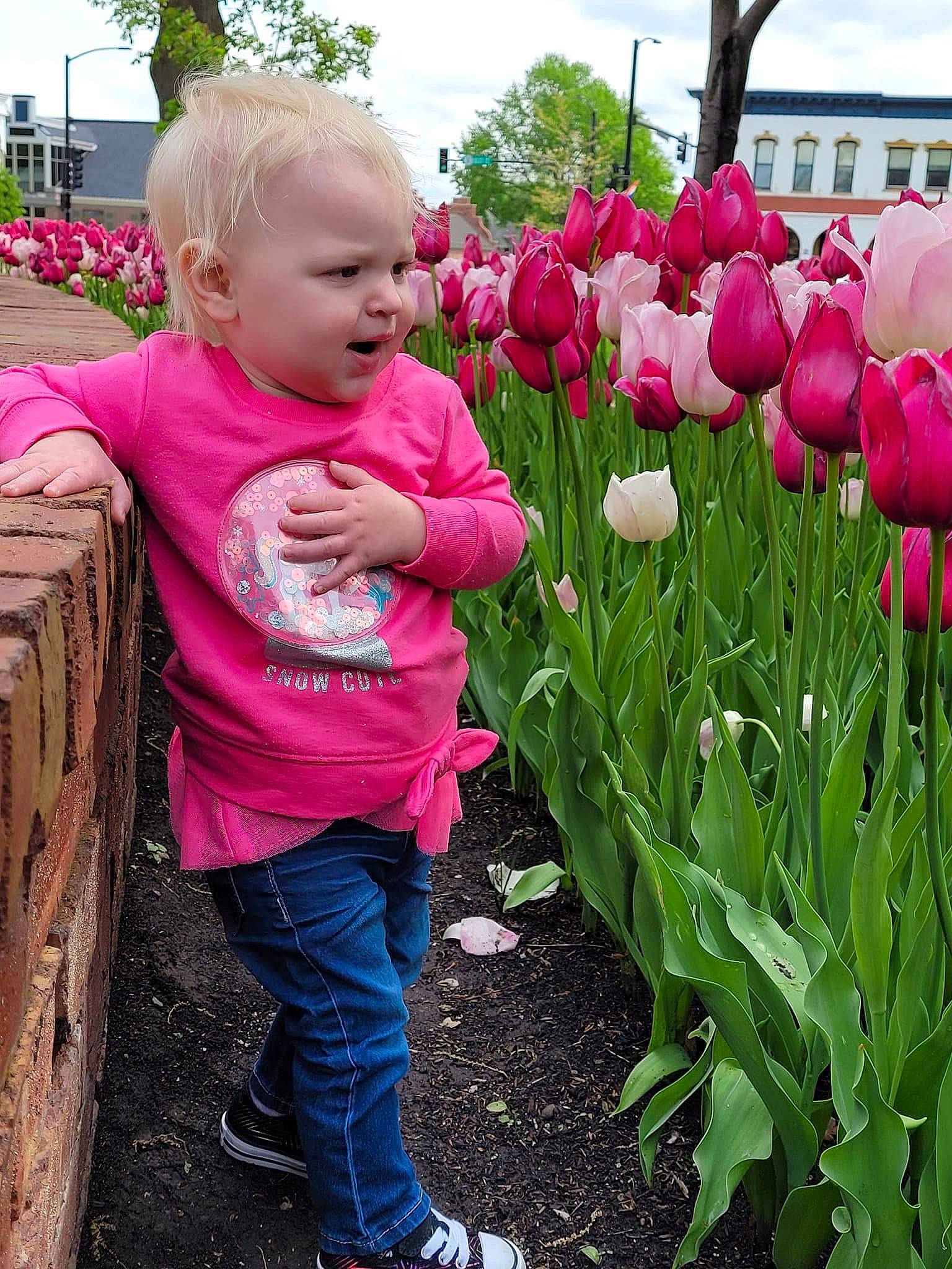 Katelyn is registered to the contest to win money with this photo: baby_toddler_clothing, botany, clothing, cloud, flower, grass, grass_family, green, happy, herbaceous_plant, iris, leaf, leisure, nature, people_in_nature, person, petal, pink, plant, sky