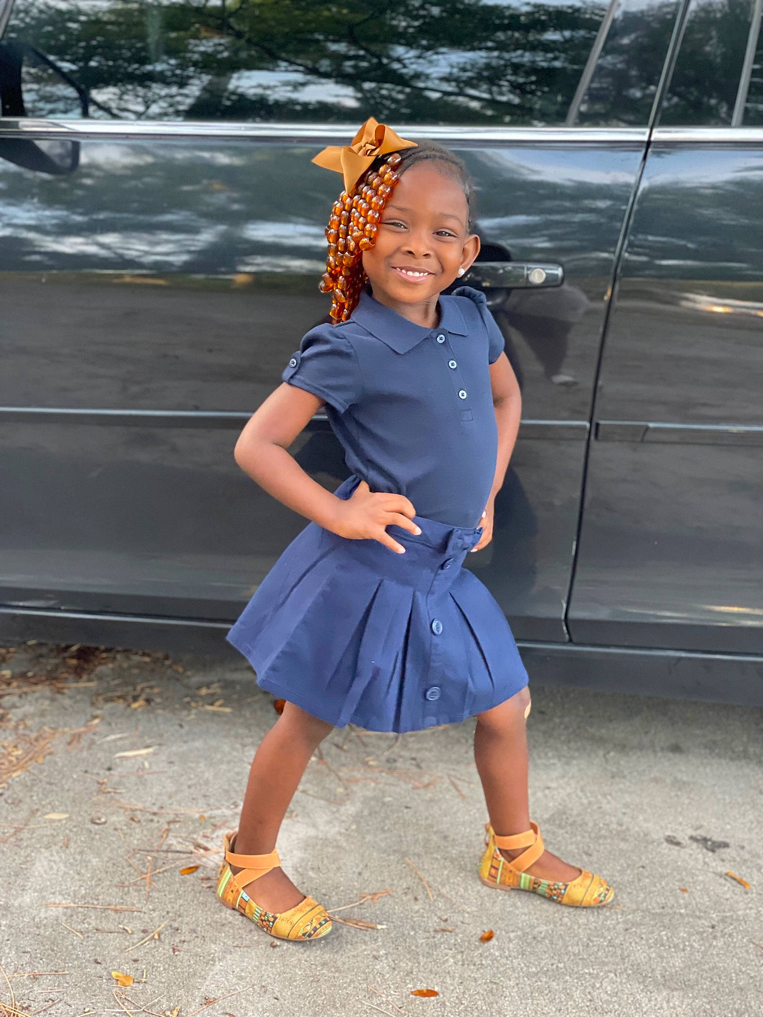 Cherish is registered to the contest to win money with this photo: asphalt, clothing, day_dress, denim, dress, electric_blue, eyewear, fashion_design, formal_wear, happy, hat, human_leg, joy, knee, long_hair, person, shoe, shoulder, smile, street_fashion