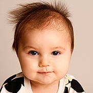 Koda joined the competition — help win amazing prizes! baby, child, portrait, face, smile, hair, wild_hair, eyes, cute, infant, expression, close_up, clothing, patterned_outfit, indoor, soft_background, head, skin, person, young_child