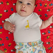Arii participe au concours pour gagner de l'argent avec cette photo : baby, infant, child, lying_down, red_quilt, floral_pattern, white_shirt, giraffe_print, colorful_shorts, cute, blue_eyes, hand, floor, playmat, portrait, indoors, smiling, young_child, clothing, baby_fashion