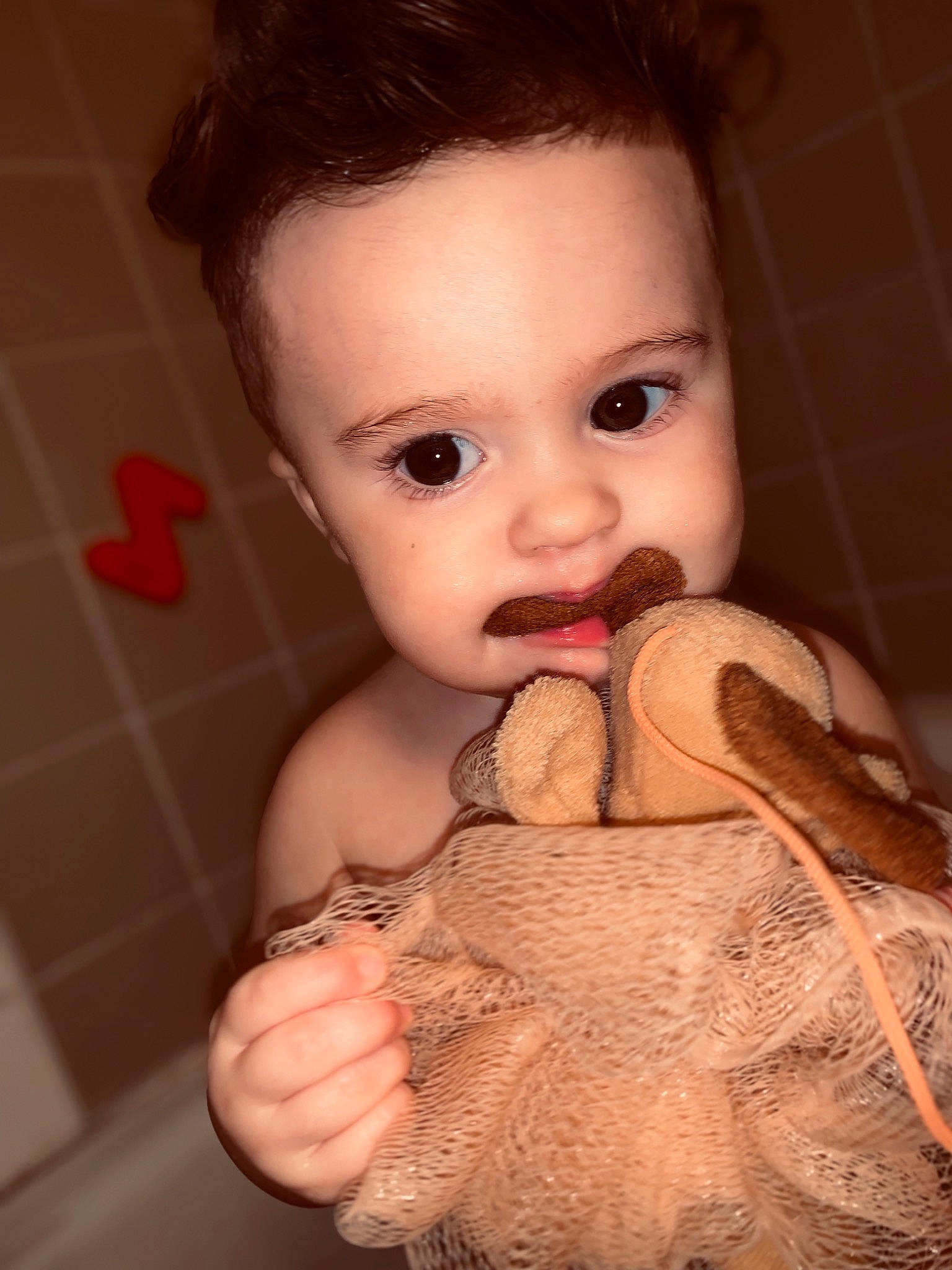 Alessio is registered to the contest to win money with this photo: baby, brown_hair, cheek, child, eye, face, finger, hair, hand, head, lip, mouth, nose, person, skin, smile, thumb, toddler, toy